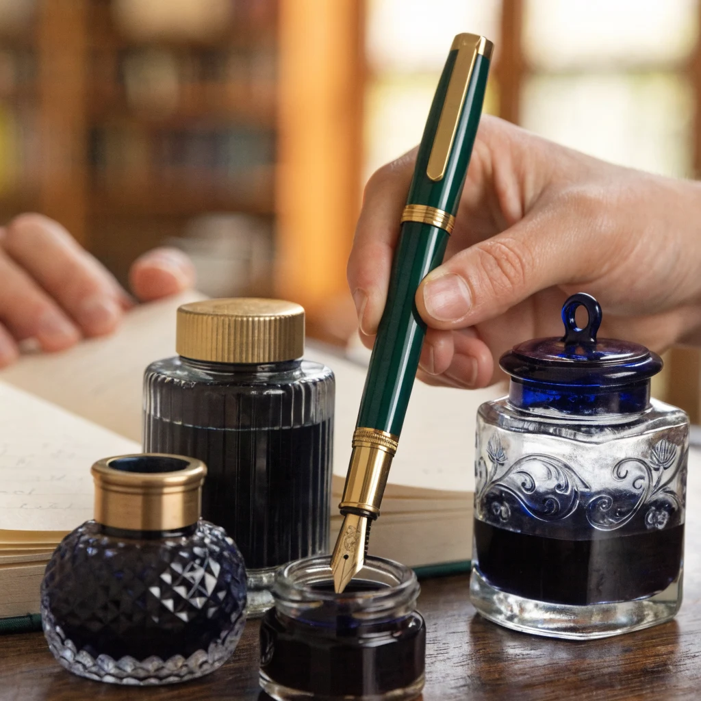 Atelier de calligraphie avec stylos plume et flacons d’encre