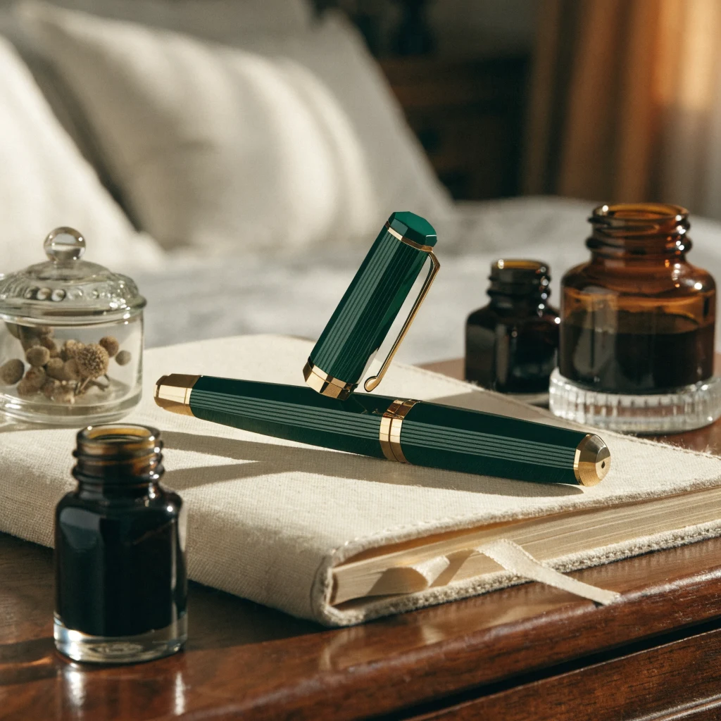 Carnet de voyage et stylo sur table de nuit