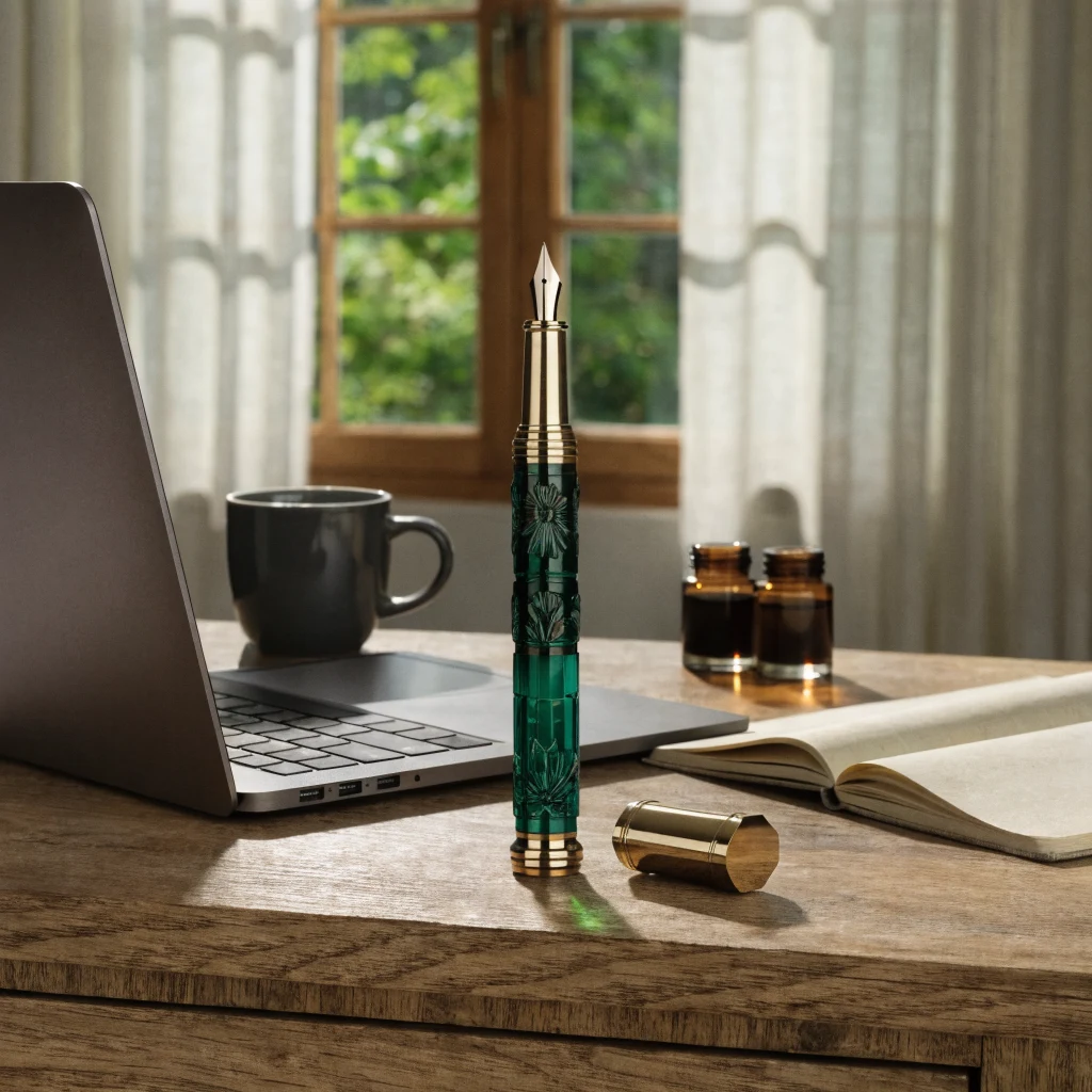 Espace télétravail avec tasse et plume