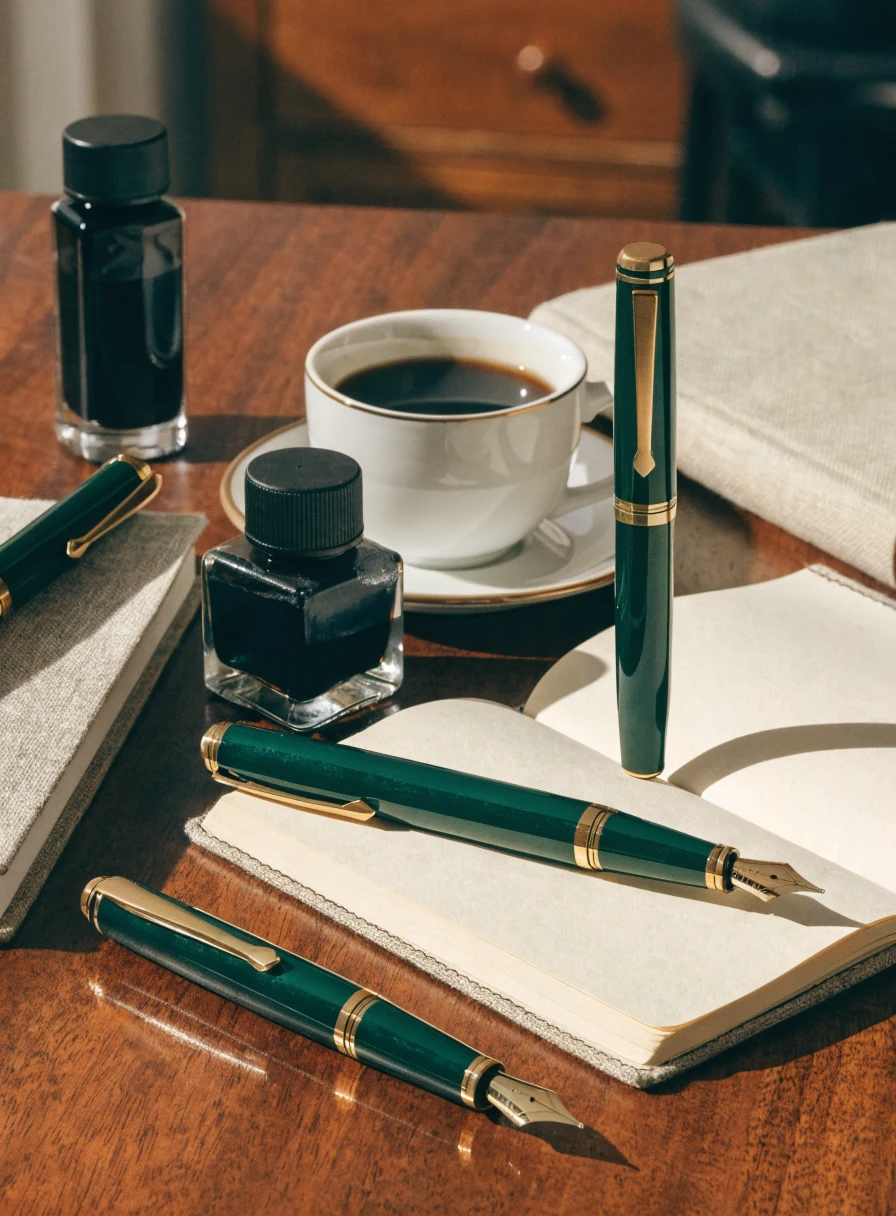 Bureau en bois avec stylo plume et carnet ouvert