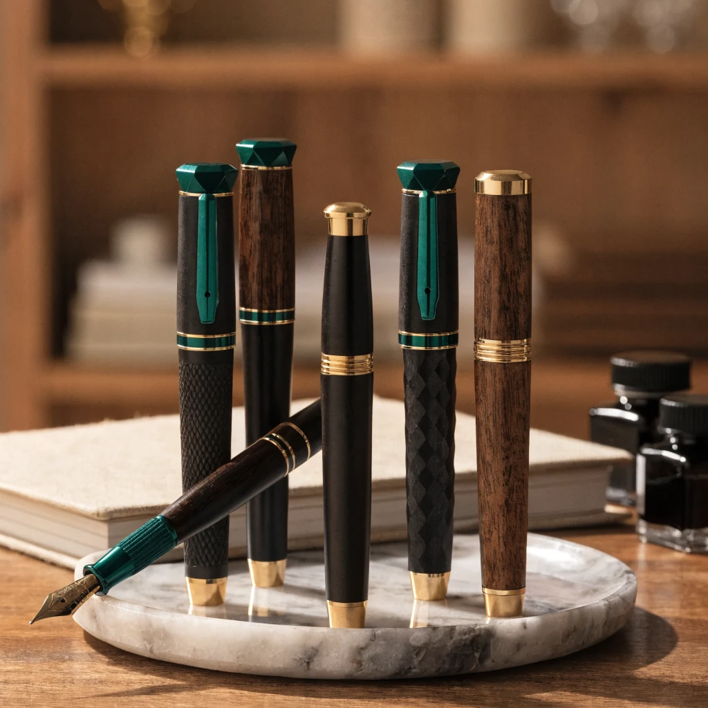 Collection de stylos compacts sur plateau marbre