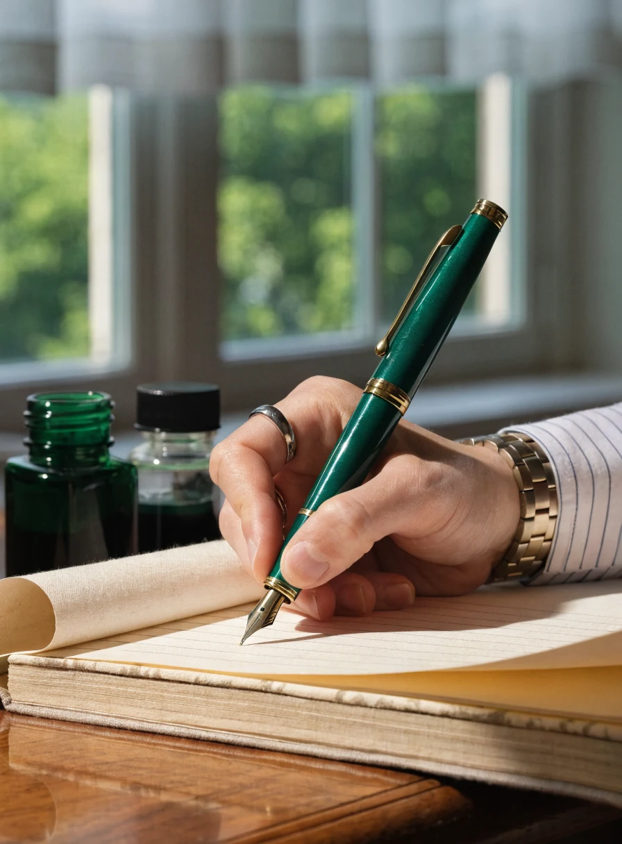 Main qui écrit au stylo plume sur papier velin