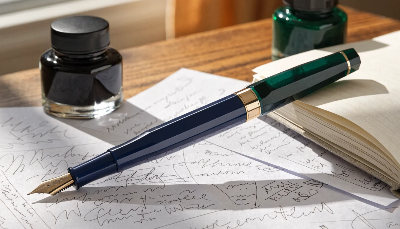 Stylo Student sur cahier ouvert et surligneur