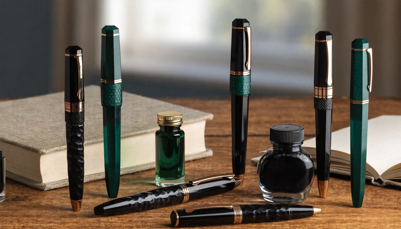 Stylo plume allemand sur papier velin avec flacons d’encre