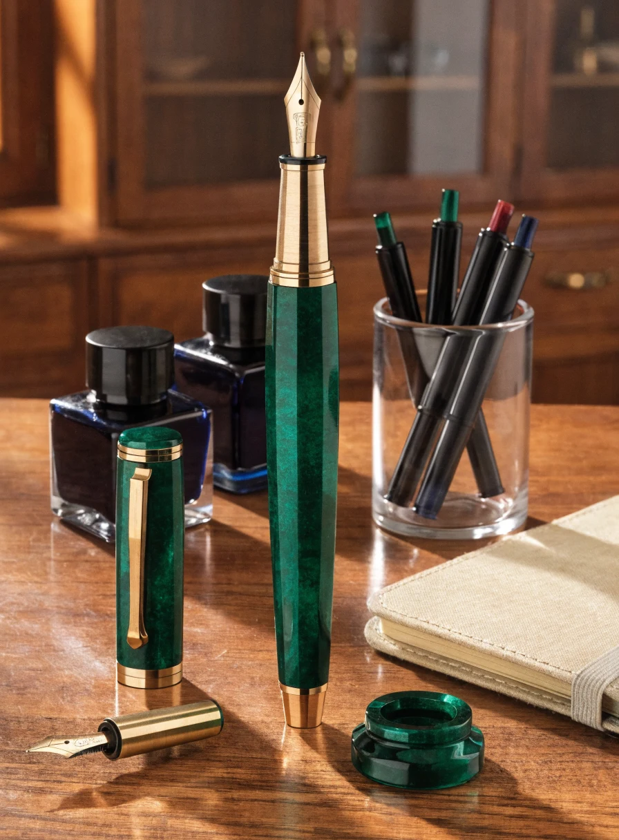 Détail de plume acier et cartouches d’encre colorées